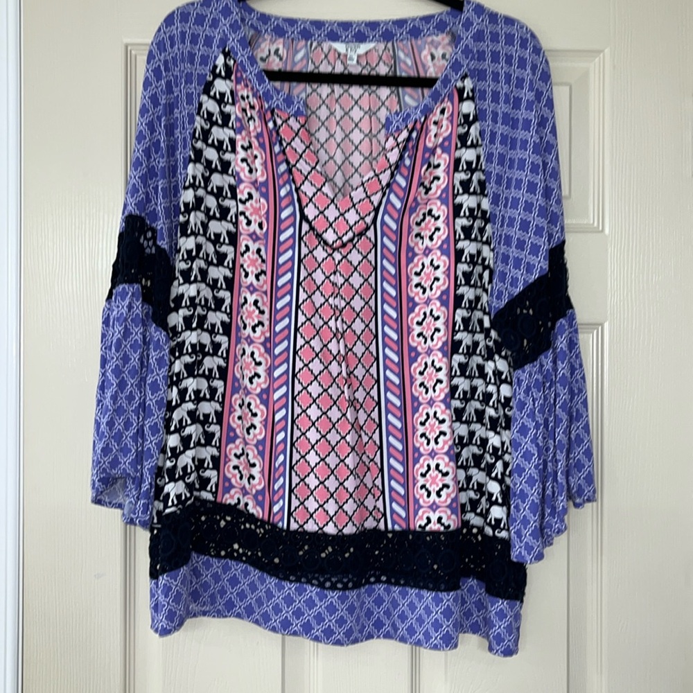 Crown & Ivy Colorful Blouse with Bell Sleeves and Elephants